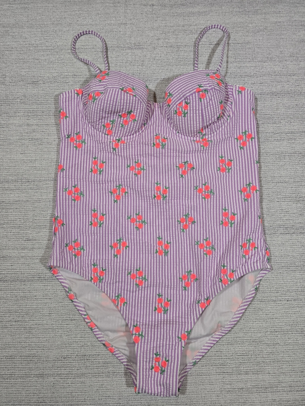 J.Crew One Piece Swimsuit Sz 10 Floral Embroidered Striped Seersucker Underwire